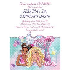 a birthday party with two mermaids on the front and back of it, one is pink