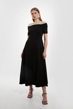 Feel Formal In Our Midi Dress, Which Boasts A Fit And Flare Silhouette, And A Bardot Neckline Which Is Certain To Attract Compliments. Style It With Court Heels Or Sandals For A Look That Will Take You From Dinner Dates To Dressy Days Out. Italian Structured Rib Bardot Tailored Midi Dress High Quality Ribbed Fabric Flatterinf Fit And Flare Silhouette Statement Bardot Neckline Sleek, Minimal Design Voluminous, Flared Skirt Black Dinner Dress, Petite Wedding Guest Dresses, Black Dinner, Spring Wedding Guest Dress, Ibiza Outfits, Italian Dress, Bardot Neckline, Dinner Dates, Honeymoon Outfits