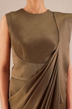 Taupe saree gown with pintuck on the yoke and cap sleeves. - Aza Fashions Saree Gowns, Draped Saree, Gown For Women, Saree Gown, Drape Saree, Brown Silk, Gowns Online, Taupe Color, Pin Tucks