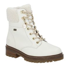 Remonte winter boots are an affordable, everyday luxury. Waterproof, with a warm fleece lining and shearling cuff, your feet will be happy on the coldest days. Tread in style in these cream colored, leather lace-up boots! Featuring smooth blended leather uppers, this womens boot comes with a side zipper entry and fiber grip soles for traction. Pair them with your best snow pants for a chic winter lodge vibe. Winter Wedding Boots, White Leather Boots, Wedding Boots, Winter Shoes For Women, Soft Shoes, Leather Lace Up Boots, Block Heel Shoes, Winter Boots Women, Winter Shoes