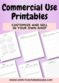 the printable calendar is shown with text that reads commercial use printables customize and sell in your own shop