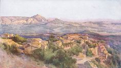 an old painting of a village in the mountains