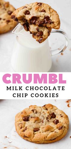 two cookies with chocolate chips in them and the words crumbl milk chocolate chip cookies