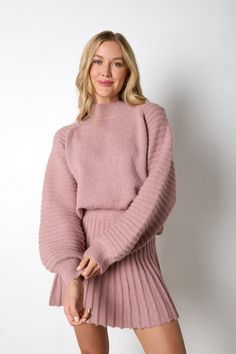 #color_pink Midi Skirt Sweater Set, Knitted Pink Sweater, White Sweater Set, Style Pink Sweater, Styles For Winter, Skirt Set Outfit, Sweater And Skirt, Sweater Skirt Set, 30 Outfits