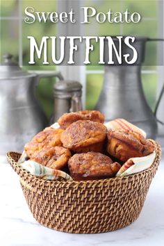 sweet potato muffins in a wicker basket with text overlay that reads, sweet potato muffins