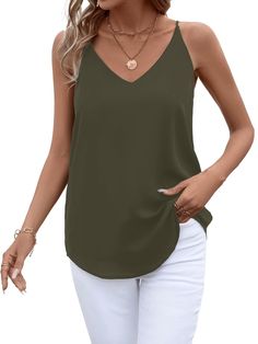 PRICES MAY VARY. VERSATILE AND ELEGANT CAMI: Evera B silky strappy V neck tank top camisole for women w/opacity liner, soft silky luxury feel chiffon, loose fit, spaghetti straps, flowy shirt tail hem. With adjustable spaghetti straps, you can extend for a deep V sexy shirt or shorten for a more professional look at work . PERFECT SHIRT FOR ANY OCCASION: Casual, office, business, work, concert, date night, party or a formal event- these camisole shirts are the perfect choice for any outfit and s Affordable Tank Straps Crop Top For Party, Affordable V-neck Camisole With Delicate Straps, Cheap Tank Straps Crop Top For Night Out, Cheap Tank Strap Crop Top For Night Out, Cheap Multicolor Spaghetti Strap Tops, Cheap Crop Top With Tank Straps For Night Out, Cheap Casual Spaghetti Strap Intimates, Cheap Spaghetti Strap Tops For Clubwear, Cheap Spaghetti Strap Tops For Club