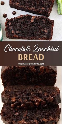 chocolate zucchini bread is cut in half and stacked on top of each other