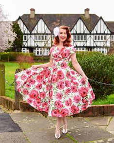 Blooming Roses ⁠🌹 ⁠ We know a stunning dress when we see one, and our White Pink Rose Grace Dress here is worthy of a princess! ⁠ ⁠ We've combined a luxurious cotton sateen fabric with a bespoke floral print to create a dress you won't find anywhere else! She deserves a place in your collections, don't you think?⁠ ⁠ @missheroholiday⁠ Photo @cmjsnz⁠ ⁠ Made in London 🇬🇧 #vivienofholloway⁠ #1950sdress #floraldress #roseprint #dressforspring Rockabilly Girls, Wrap Over Top, 1950s Housewife, Richard Jenkins, Grace Dress, 1950s Fashion Dresses, 1950s Style, Full Circle Skirts, 50s Dresses