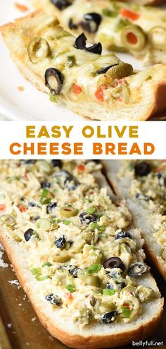 olive cheese bread is cut into slices and placed on a cutting board