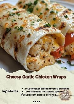 the chicken wraps are stuffed with cheese and vegetables, along with seasoning for garnishes