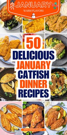 the cover of january's 50 delicious january catfish dinner recipes