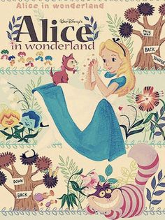 an illustration of alice in wonderland with flowers and animals on it's back cover