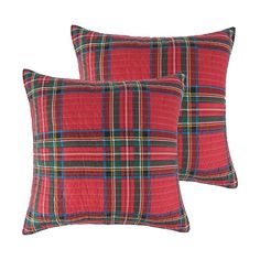 two red plaid pillows on white background