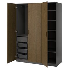 an open wardrobe with drawers and shelves