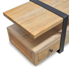 a wooden table with two drawers on each side and a black metal handle at the top