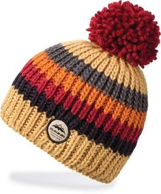 a multicolored beanie hat with a pom - pom on top