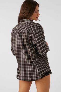 Always classic flannel shirt that has a front button closure with collar, allover plaid print and super soft feel. O'Neill Women's flannel shirt 28" In length Relaxed fit Brushed cotton flannel Front button closure with collar 100% Cotton brushed flannel | O'Neill Women's Logan Flannel Relaxed Fit Shirt in Chocolate, Size 2XL Womens Flannel Shirts, Button-up Flannel Shacket, Collared Plaid Flannel Shirt For Fall, Plaid Button-up Shirt With Relaxed Fit, Plaid Collared Flannel Shirt With Button Closure, Relaxed Fit Plaid Flannel Shacket, Collared Cotton Flannel Shirt For Fall, Plaid Relaxed Fit Shirt For Fall, Fall Button-up Flannel Shirt