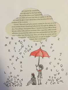 a drawing of a person holding an umbrella in front of a cloud with words above it