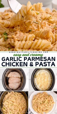 Craving comfort food? Try Easy and Creamy Garlic Parmesan Chicken and Pasta! This pasta dinner recipe is the perfect winter dish and easy slow cooker meal. With chicken breasts, rotini pasta, and garlic parmesan sauce, it's a delicious meal. Make it today and enjoy!