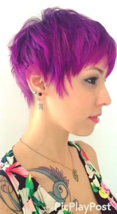 Colored Pixie, Purple Hairstyles, Pink Haircut, Edgy Pixie Hairstyles, Barbie Repaint, Mens Medium Length Hairstyles, Funky Hair, Plum Hair, Bold Hair Color