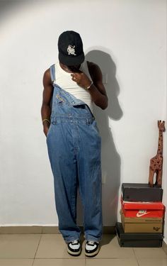 Blue enim overalls outfit Overalls Outfit Men Aesthetic, Dungaree Men Outfit, Men’s Denim Overalls Outfit, Overalls And Tank Top Outfit, Mens Overalls Outfits Street Styles, Overalls Men Fashion Aesthetic, Men Dungarees Outfit, Men’s Overalls Outfit