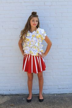 Popcorn Costume | Kamri Noel | CGH Popcorn Costume, Food Halloween Costumes, Halloween Costumes You Can Make, Candy Costumes, Food Costumes, Diy Halloween Costumes For Women, Black Halloween Dress, Cute Girls Hairstyles