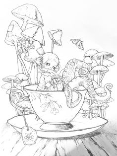 a drawing of a tea cup filled with mushrooms