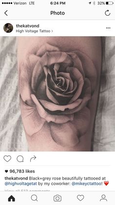 a black and white rose tattoo on the right arm with an instagram message below