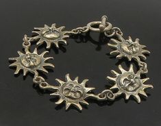 MEXICO 925 Sterling Silver - Vintage Dark Tone Sun Face Chain Bracelet - BT8950 | eBay Symbolic Hallmarked Bracelet Jewelry, Symbolic Hallmarked Bracelet, Vintage Gold Sterling Silver Chain Bracelet, Vintage Gold Chain Bracelet In Sterling Silver, Funky Crafts, Face Chain, 70s Jewelry, 90s Jewelry, Mystical Jewelry