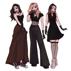 three women dressed in black and brown outfits