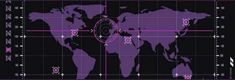 a purple world map is shown on a black background with pink dots and circles around it