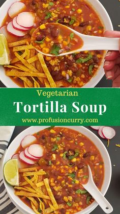 two bowls of vegetarian tortilla soup with corn and sliced onions