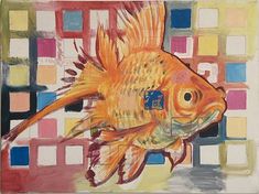 a painting of a goldfish with squares in the background