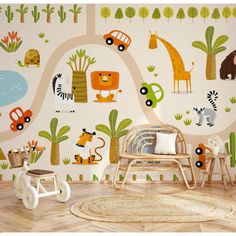 a child's room with various wallpapers and toys