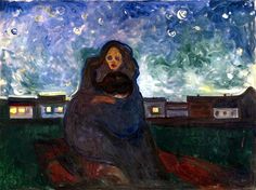 a painting of a woman sitting on a bench in front of a sky with stars