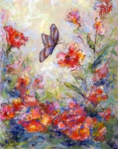 a painting of flowers with a butterfly flying over them