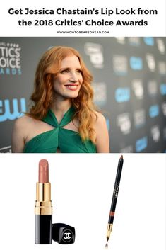 a woman with red hair and lipstick in front of a black background, text reads get jessica chastain's lip look from the 2013 criticss choice awards