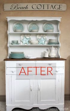 a white china cabinet with the words before and after painted on it