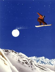 a man flying through the air on top of a snow covered ski slope under a full moon