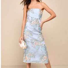 Formal Lulu’s Floral Jacquard Strapless Bustier Midi Dress Blue Floral Print Midi Dress With Straight Neckline, Blue Midi Dress With Floral Print And Straight Neckline, Blue Midi Dress With Straight Neckline For Brunch, Strapless Knee-length Dress With Floral Print For Spring, Knee-length Strapless Dress With Floral Print For Spring, Blue Dress With Straight Neckline For Spring, Strapless Floral Print Midi Dress For Date Night, Strapless Floral Print Midi Dress For Brunch, Strapless Midi Dress With Floral Print For Brunch