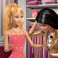 two barbie dolls standing next to each other in front of a closet full of clothes