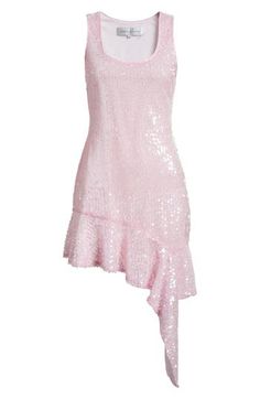 A rippling ruffle adds a grace note to a party-pretty dress drenched in petal pink sequins. Hidden side-zip closure Scoop neck Lined 100% polyester Hand wash, dry flat Imported Pink Mini Dress With Ruffle Hem For Prom, Pink Chic Sequin Evening Dress, Feminine Sequin Prom Dress, Chic Pink Sequin Evening Dress, Pink Glamorous Sequin Dress With Ruffles, Glamorous Pink Sequin Dress With Ruffles, Pink Flirty Sequin Evening Dress, Pink Flirty Sequin Dress For Evening, Feminine Sequined Mini Dress For Cocktail