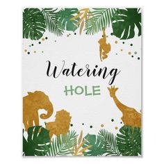 watercolor jungle animals and palm leaves with the words'watering hole'on it