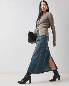 New in, our super chic utility denim skirt. In a flattering midaxi length and a line shape, featuring two front utility pockets, belt loops and button and zip fastening. Pair with some boots for an effortlessly stylish outfit. Thermal Pajamas, Playset Outdoor, Leisure Suit, Utility Pockets, Stylish Outfit, Jd Williams, Linen Shop, Cardigan Top, Womens Blazers