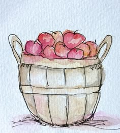 watercolor and ink drawing of a basket full of strawberries on a white background