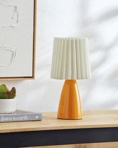 an orange table lamp sitting on top of a wooden table next to a bowl of succulents