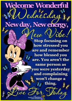 a minnie mouse birthday card with the words welcome wonderful new energy, new vibe and butterflies