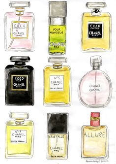 a drawing of chanel perfumes in different colors