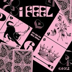 an image of playing cards with cats and flowers on them in black and pink colors