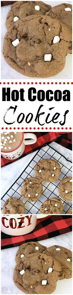 chocolate cookies with marshmallows are on a cooling rack and the words hot cocoa cookies above them